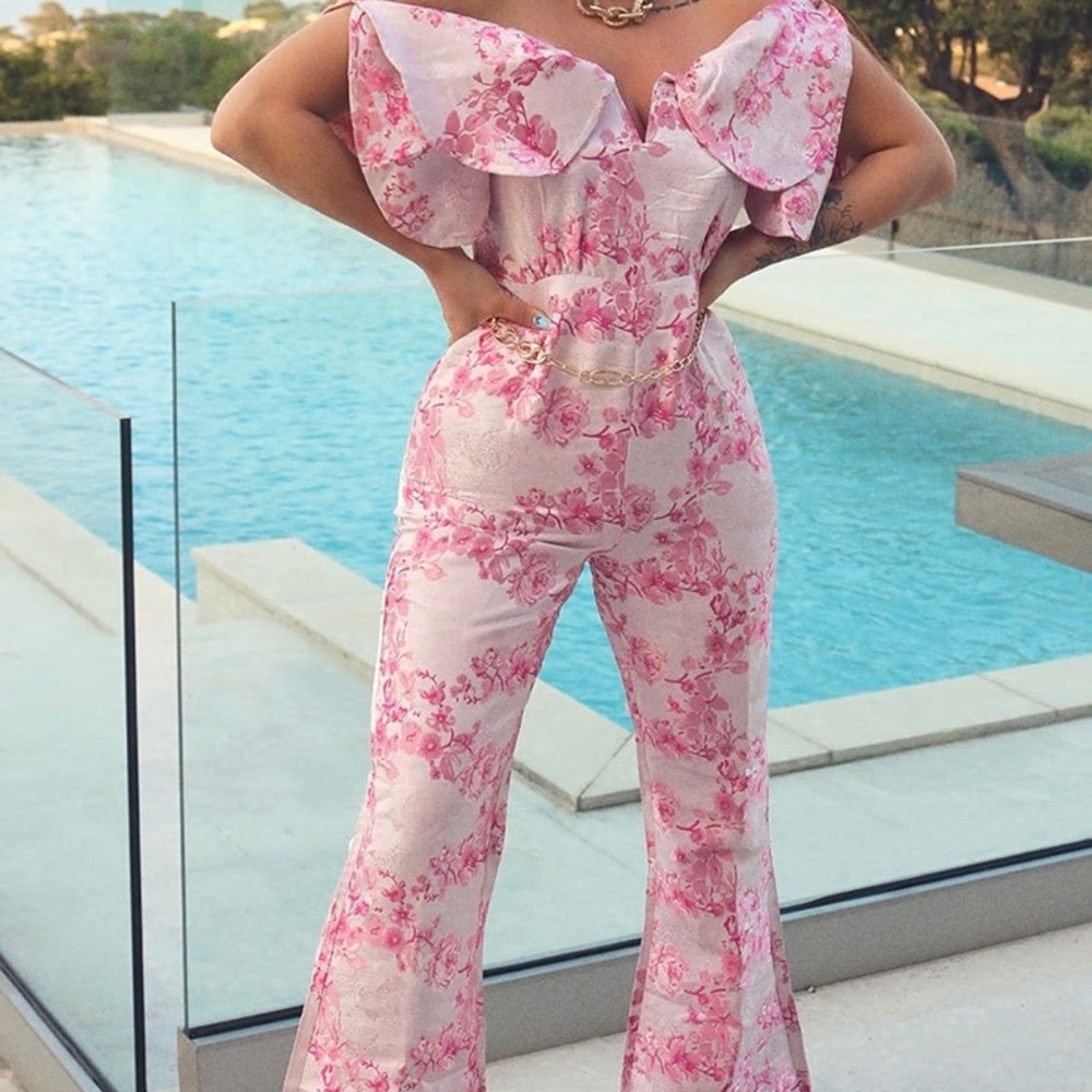 Pink Jacquard V Bar Ruffle Bardot Jumpsuit